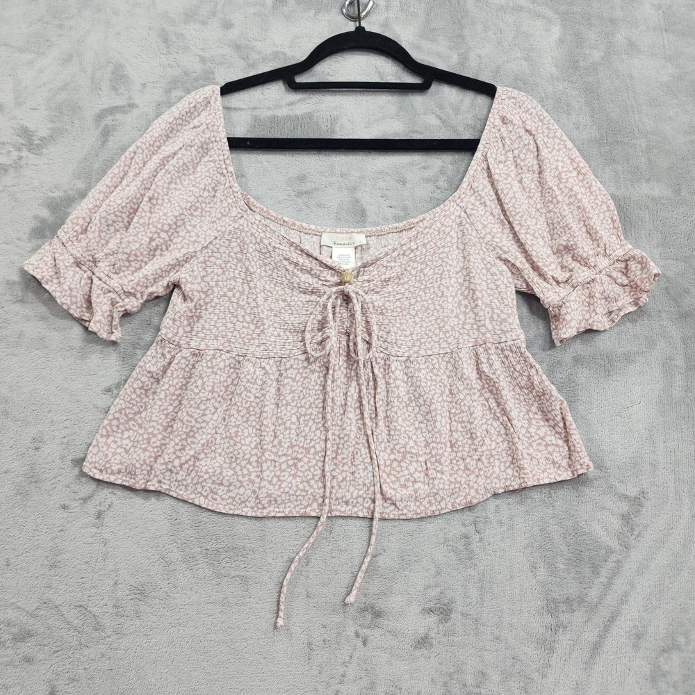 Urban Romantic Top Womens L Pink Animal Print Puff Sleeve Crop Peplum Boho